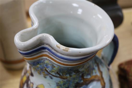 A pair of majolica albarelli, a faience jug and a footed bowl, tallest 27c,